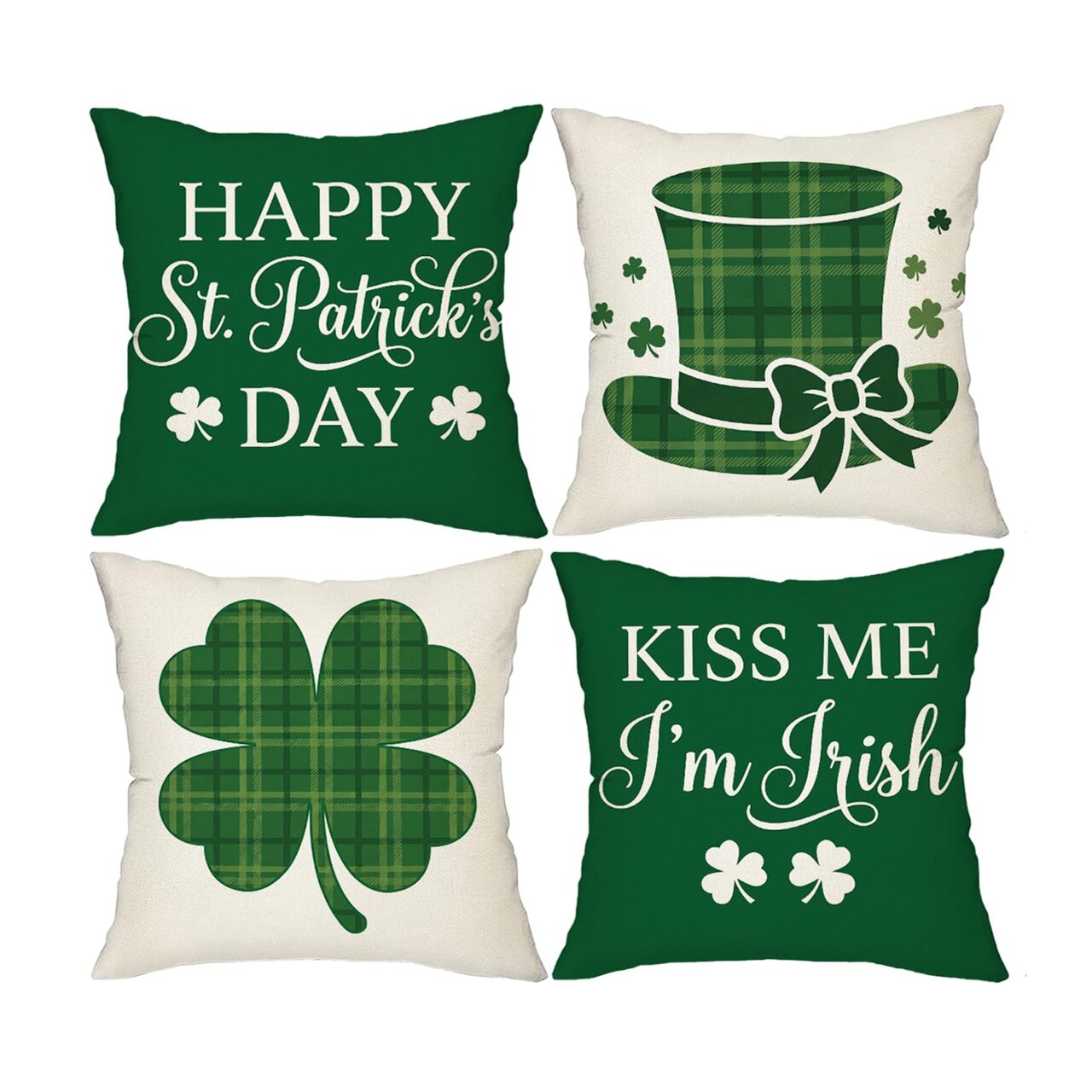 St Patricks Day Decorations,St Patricks Day Pillow Covers 18x18 Set of 4 Scottish Tartan Plaid St Patricks Day Hat Farmhouse Classic Decorative Square Cushion Cases for Sofa Couch